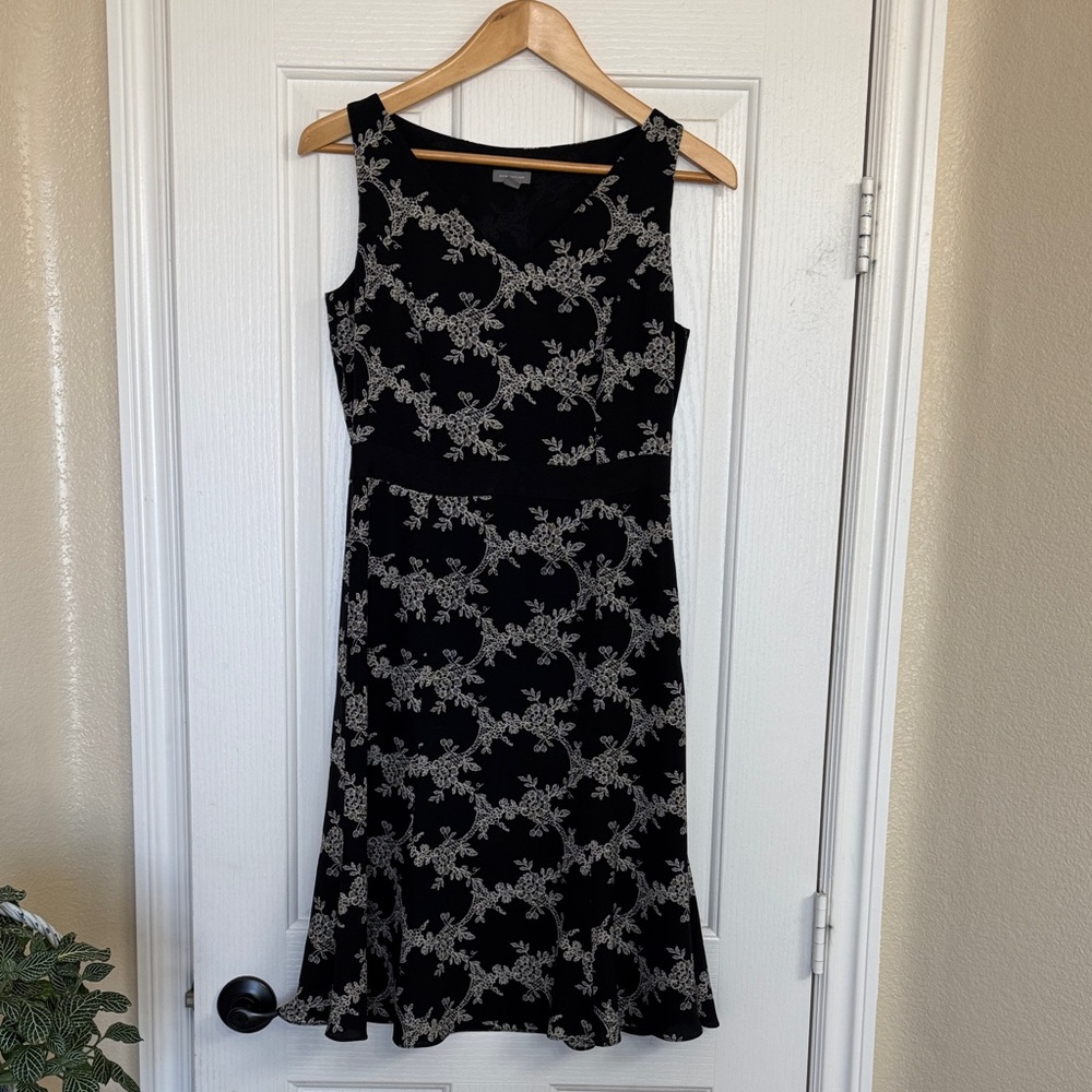 Ann Taylor Black and Ivory Patterned Midi Dress